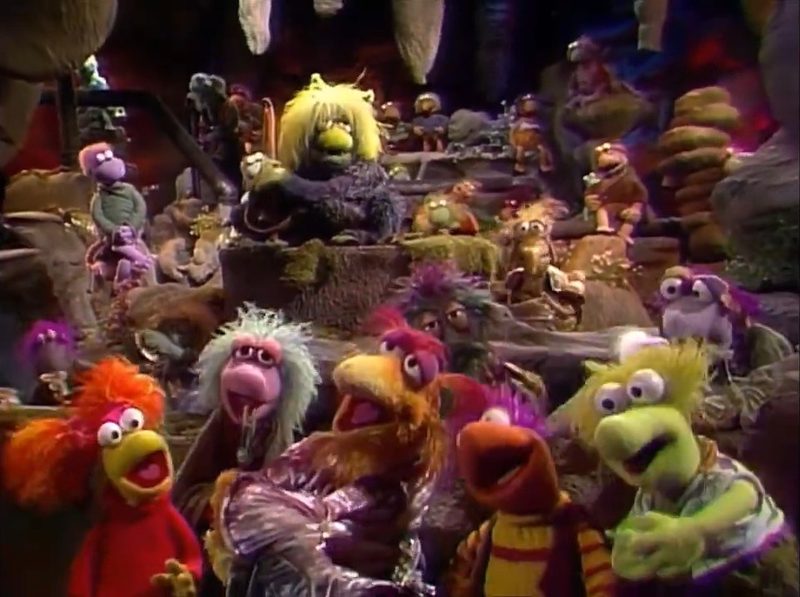 Fraggle Rock characters singing in the cave with music