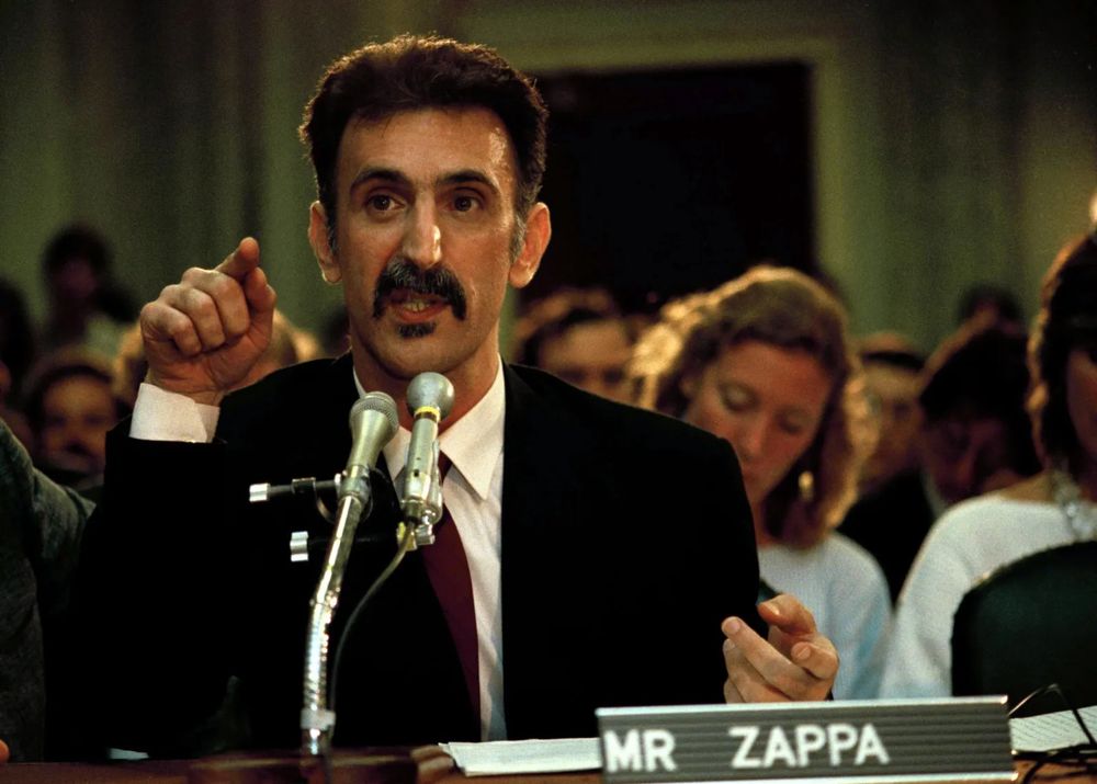 Frank Zappa testifying against the parental advisory sticker at the 1985 PMRC Senate hearing