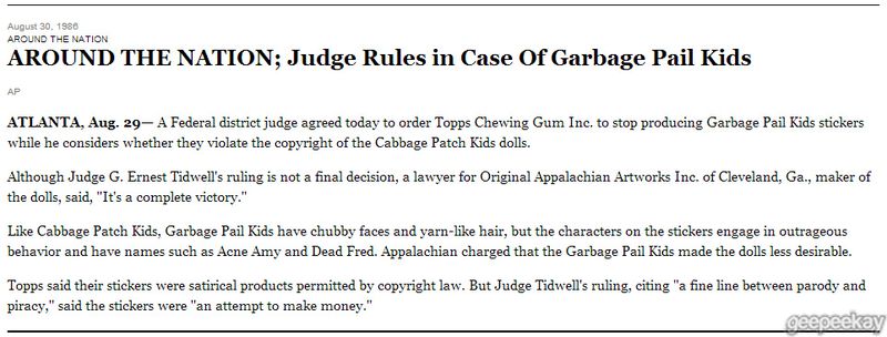 Garbage Pail Kids Cabbage Patch lawsuit 1986 court ruling