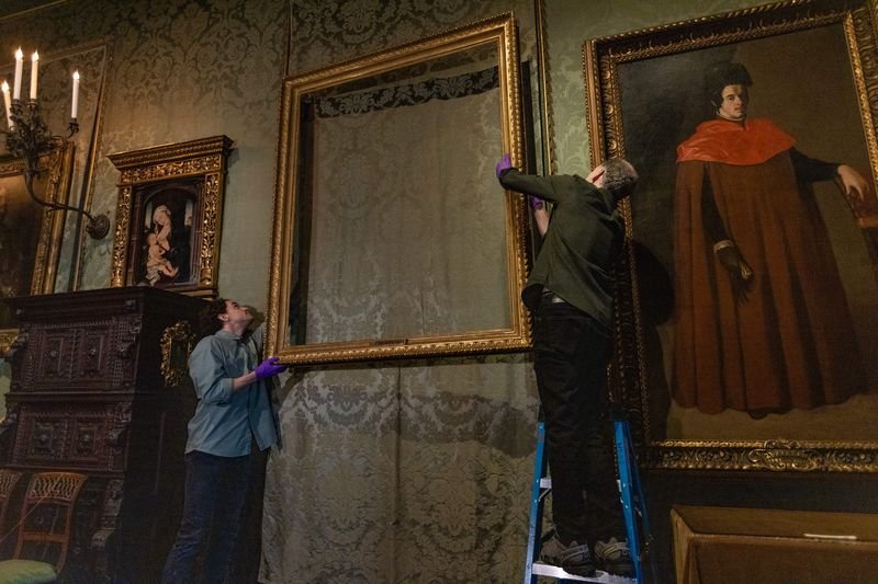 Empty frame in the Gardner Museum Dutch Room marking a stolen Rembrandt