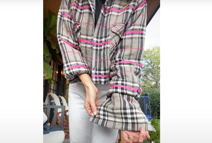 thrift flipping tutorial how to diy a trendy flannel shirt, Sleeve modification