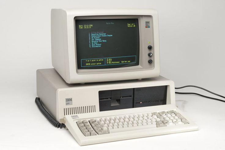 IBM Personal Computer 5150 from 1981 with monochrome monitor and beige keyboard - the 80s technology that put computers on every desk