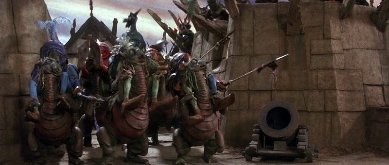 The goblin army with a cannon defending the castle in Labyrinth 1986