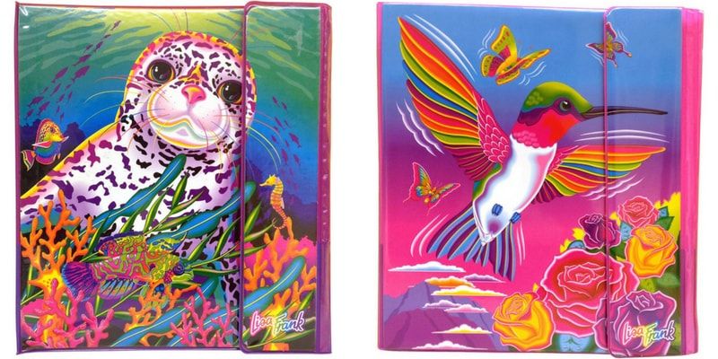 Lisa Frank Trapper Keeper covers featuring rainbow leopard seal and hummingbird with neon roses