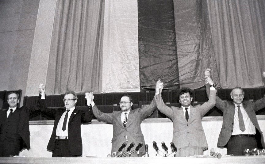 Lithuanian parliamentarians celebrating the March 11 1990 declaration of Lithuania independence from the Soviet Union