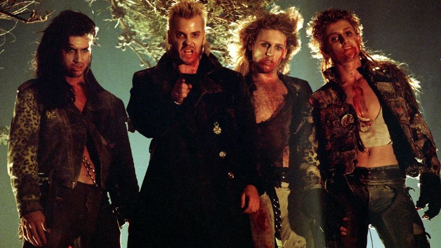 Kiefer Sutherland as David with the Lost Boys vampires Marko Paul Dwayne in The Lost Boys 1987