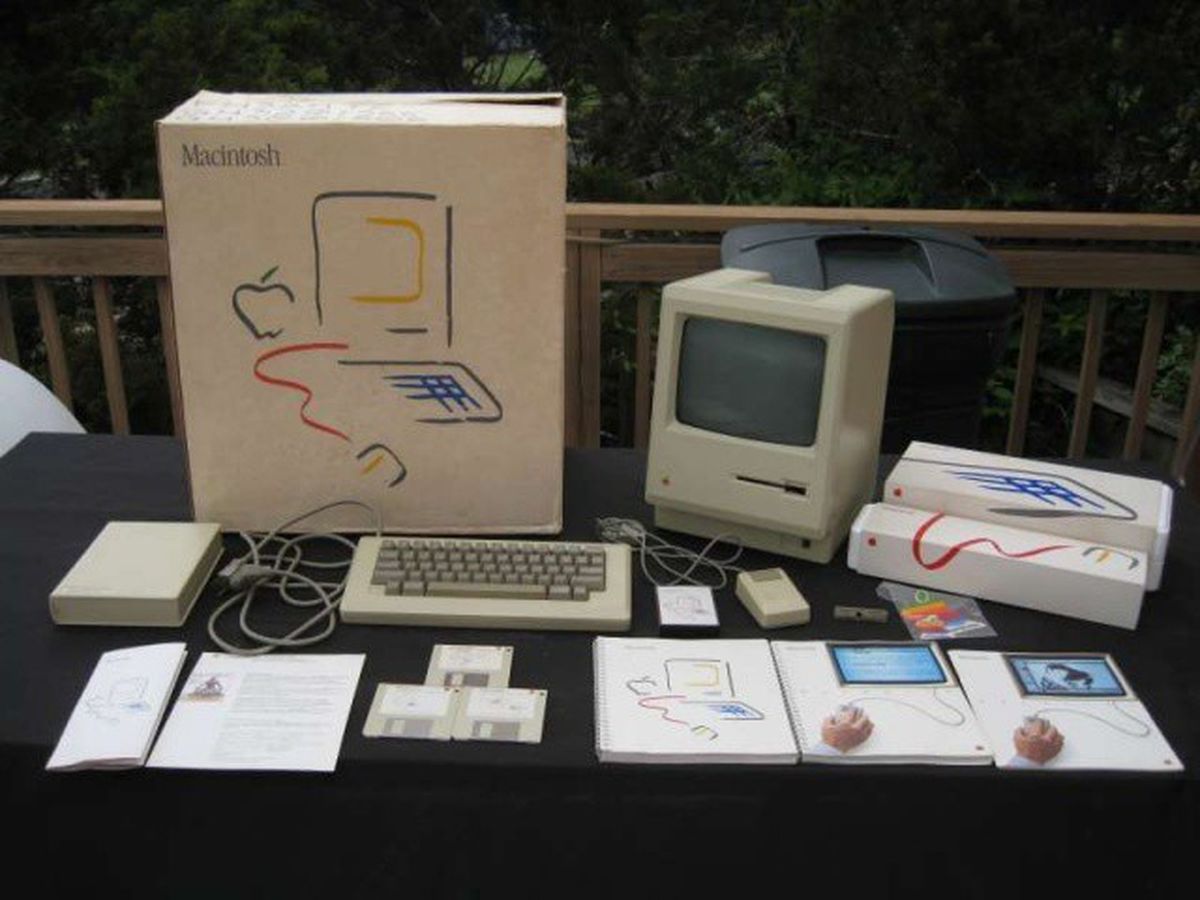 Apple Macintosh 128K from 1984 with original box keyboard and mouse - the 80s technology that introduced the graphical user interface