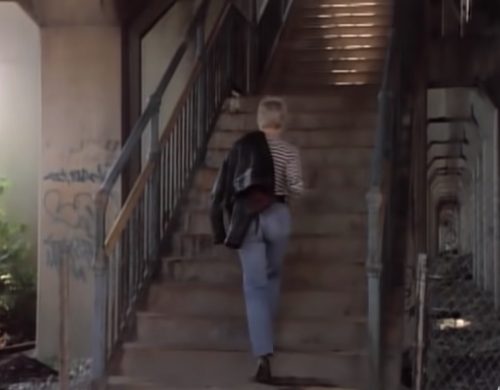 Madonna in leather jacket in the Papa Don't Preach music video