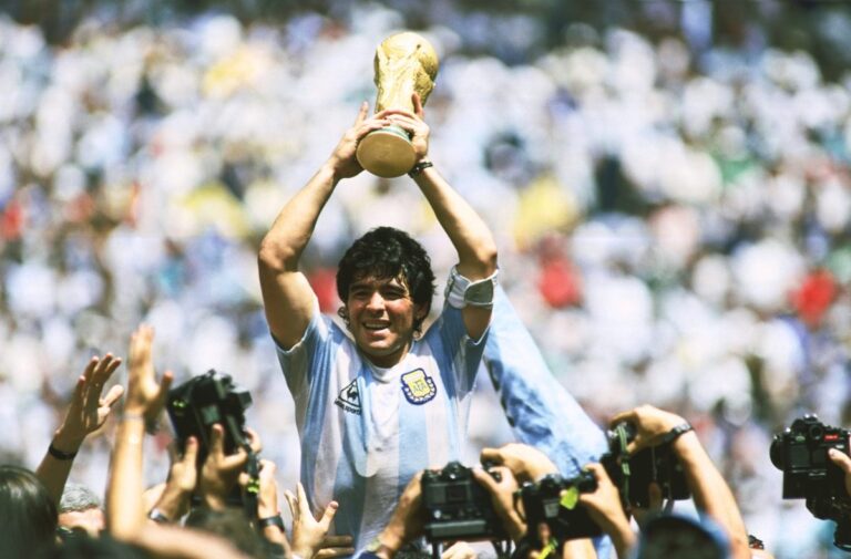 Diego Maradona lifts the World Cup trophy after Argentina's 1986 win in Mexico City