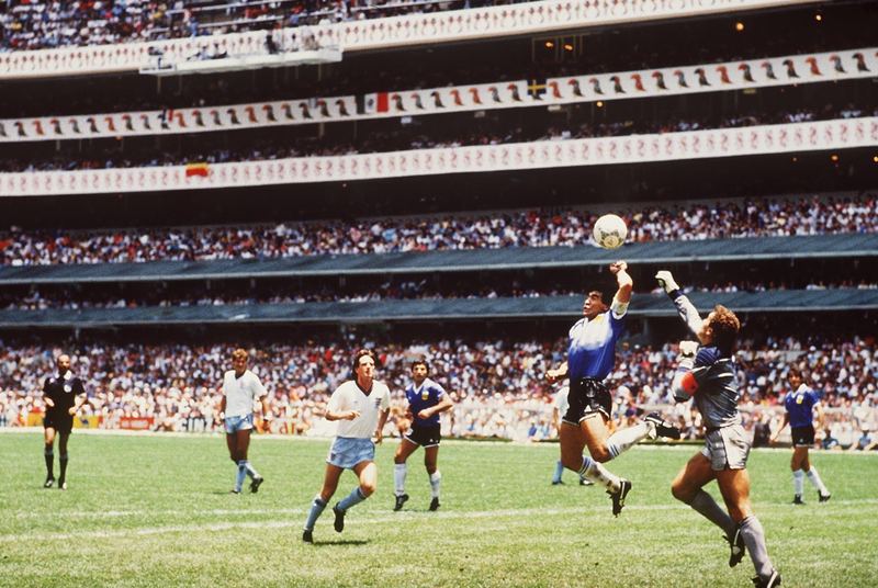 Maradona Hand of God moment wide shot Estadio Azteca 114000 fans 1986
