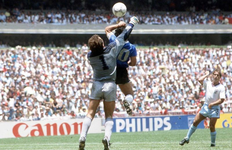 View from behind Peter Shilton of Maradona Hand of God strike at Estadio Azteca