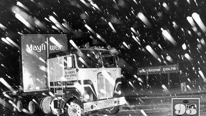 Mayflower trucks at Owings Mills training facility hauling Baltimore Colts gear to Indianapolis 1984