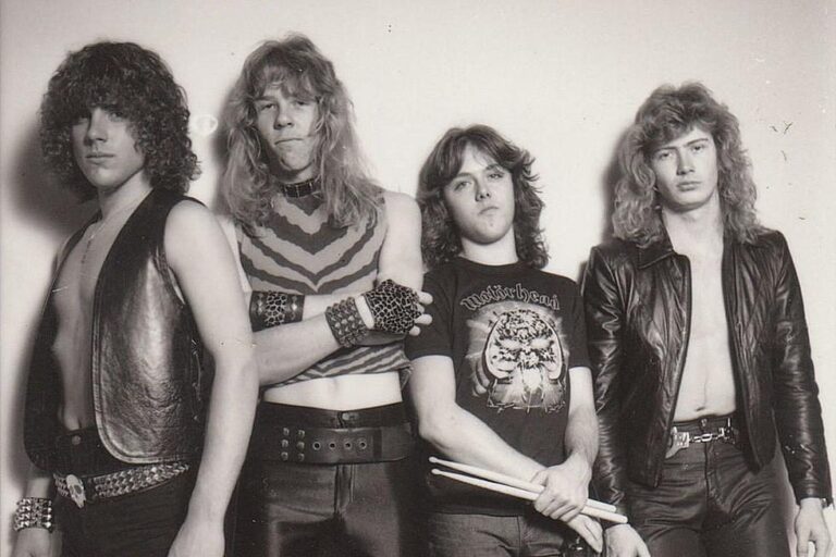 Metallica original 1982 lineup at Radio City Anaheim — Ron McGovney, James Hetfield, Lars Ulrich, Dave Mustaine