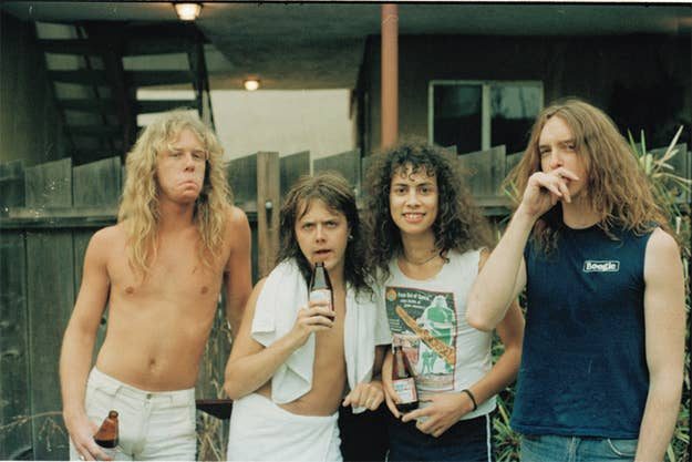 Metallica candid band photo early 1980s — Hetfield Burton Hammett Ulrich backyard shot