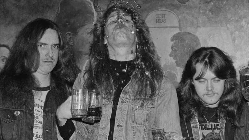Cliff Burton James Hetfield Lars Ulrich early Metallica era candid bar photograph