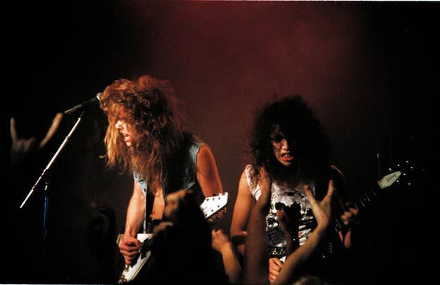 James Hetfield and Kirk Hammett on stage 1983 Kill Em All era thrash metal show