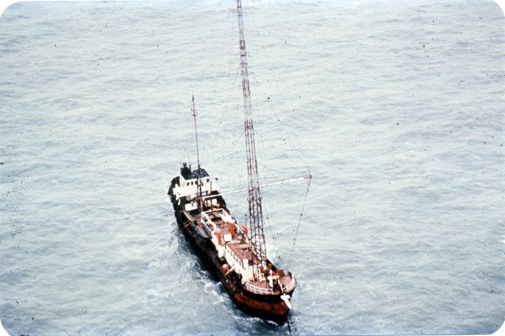 Mi Amigo Radio Caroline ship aerial view in the Thames Estuary