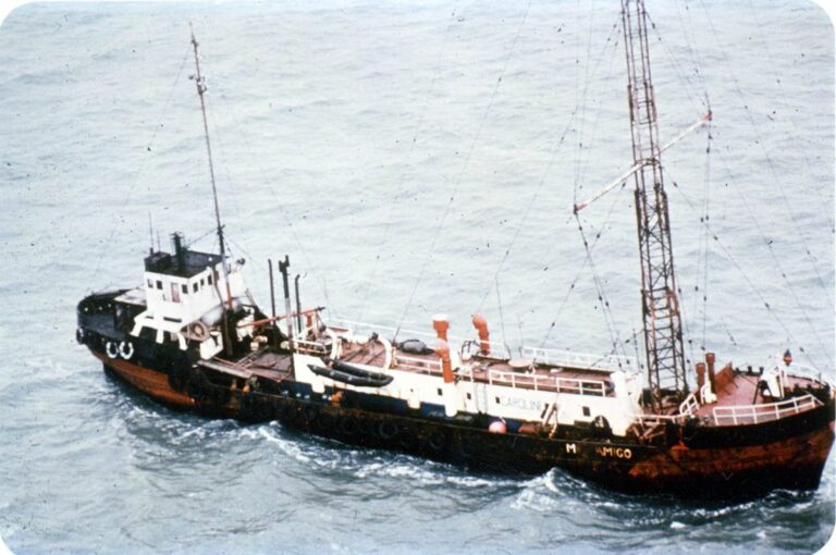 Mi Amigo Radio Caroline aerial view at sea before the 1980 sinking