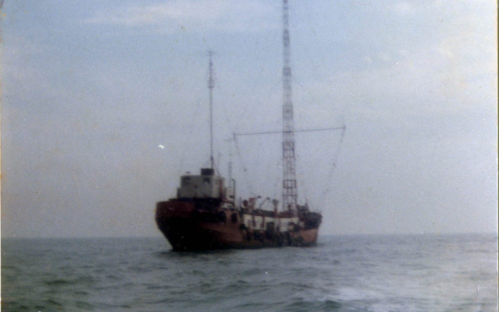 Mi Amigo Radio Caroline ship at sea with 134-foot broadcasting mast