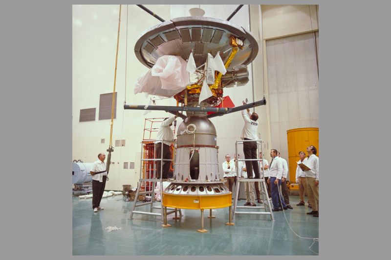 NASA engineers building Pioneer 10 spacecraft 1972 clean room