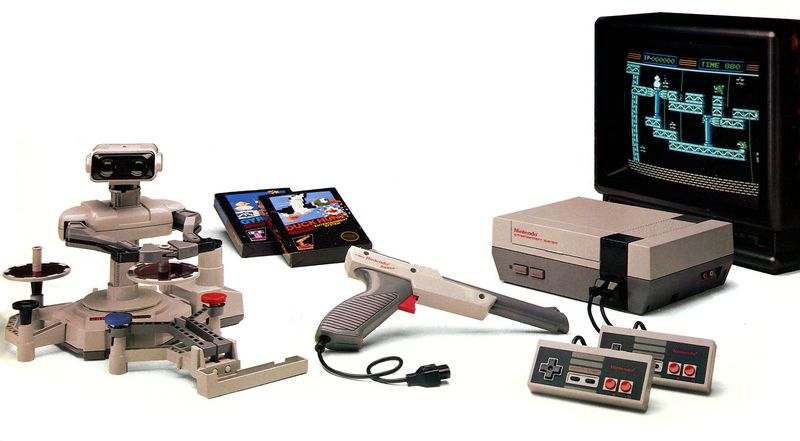 Nintendo Entertainment System NES 1985 with controllers Zapper light gun R.O.B. and Duck Hunt - 80s technology that saved gaming