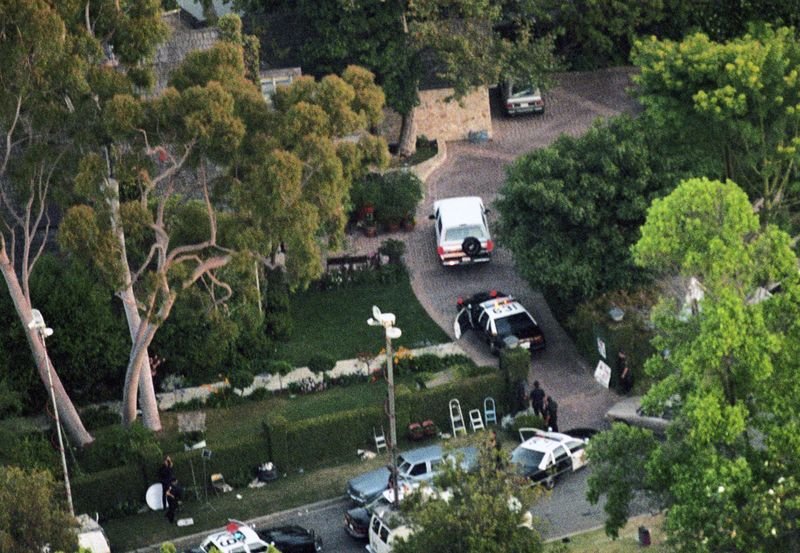 Aerial view of OJ Simpson surrendering at his Brentwood estate after the white Bronco chase on June 17 1994
