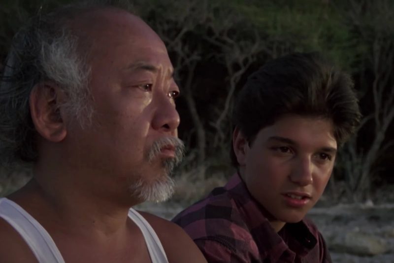 Pat Morita as Mr. Miyagi in an emotional scene from Karate Kid Part II