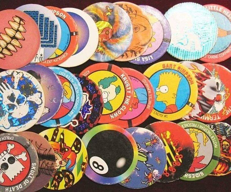 Pogs 90s Simpsons Bart Krusty and cartoon character designs