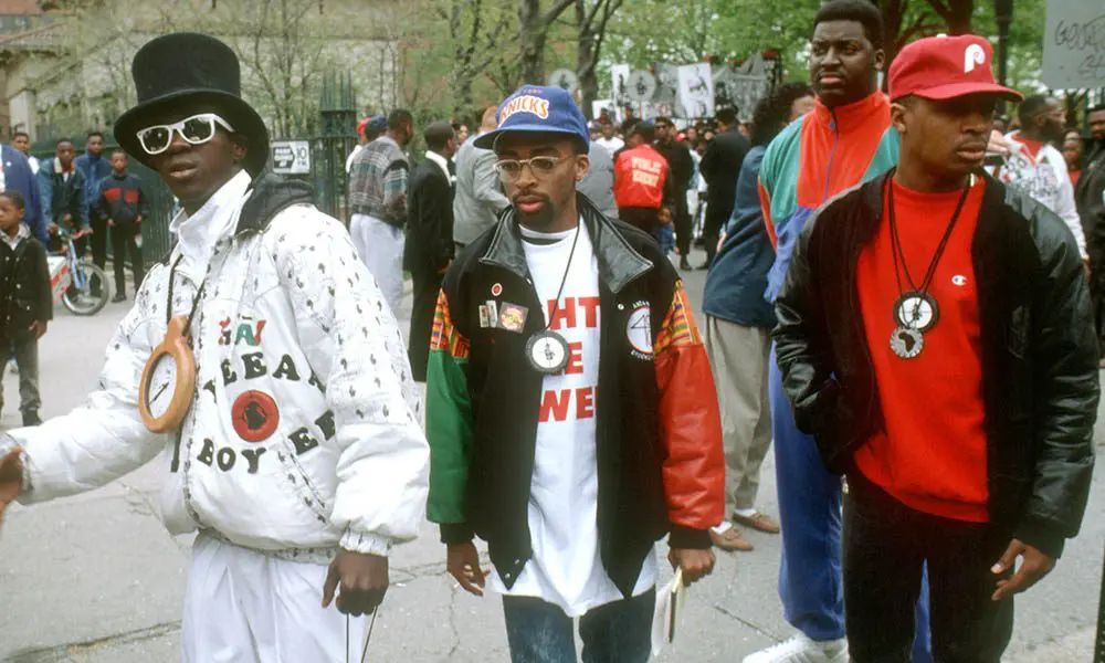 Public Enemy band Flavor Flav Spike Lee Chuck D on Fight the Power video shoot Brooklyn 1989