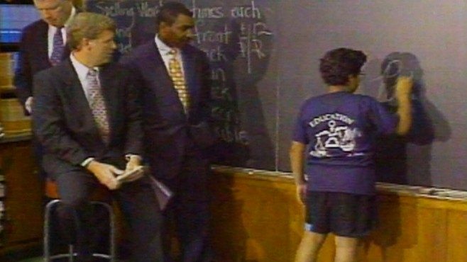 Quayle and William Figueroa at the chalkboard during the 1992 spelling bee