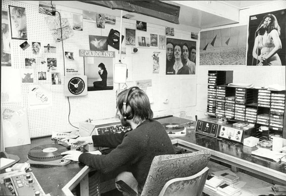 Radio Caroline DJ broadcasting from the Mi Amigo studio in the late 1970s