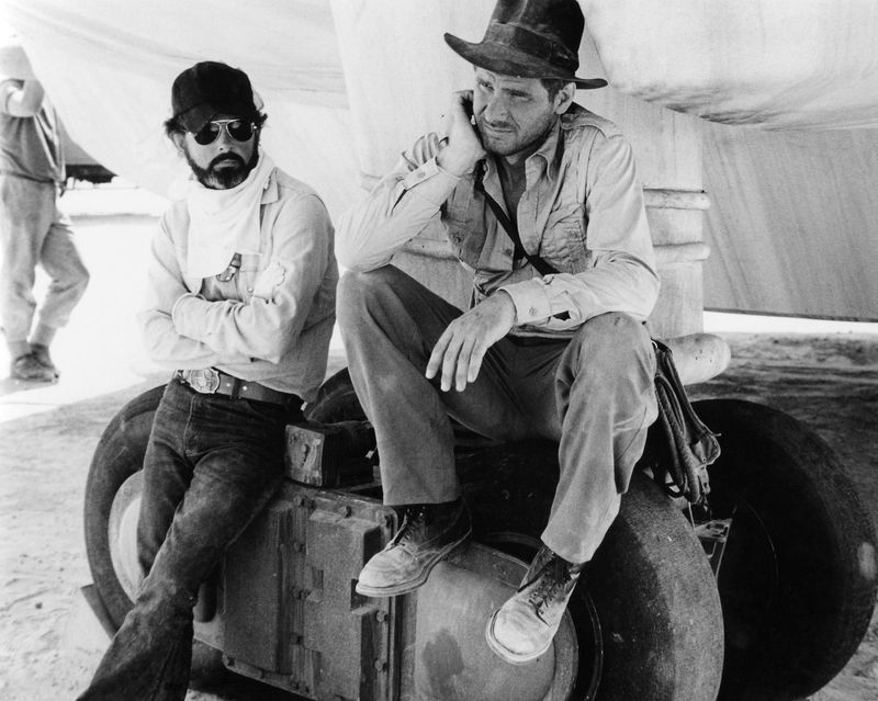 George Lucas and Harrison Ford on the Tunisia set during 1981 Raiders production