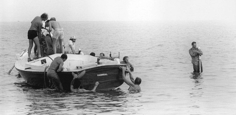 Crew filming the Bantu Wind boat sequence in Raiders of the Lost Ark, 1981