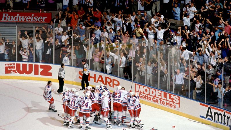 Rangers Stanley Cup 1994 celebration at the net moments after the final horn