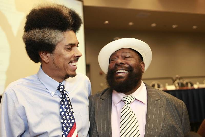 Shock G of Digital Underground laughing with George Clinton Parliament-Funkadelic mentor