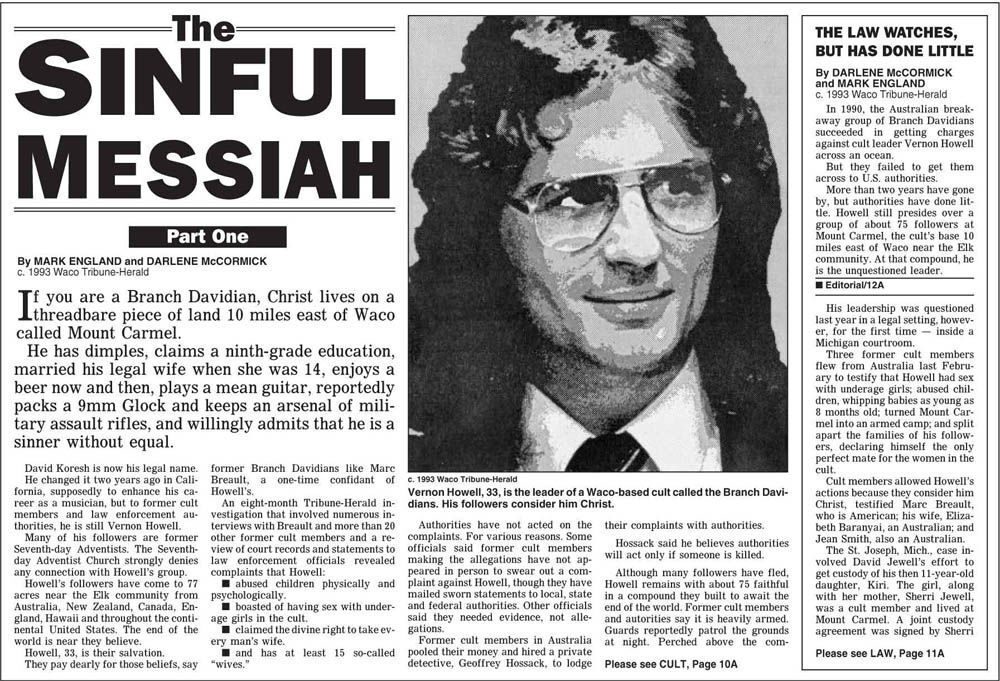 Waco Tribune-Herald front page launching The Sinful Messiah series February 27 1993