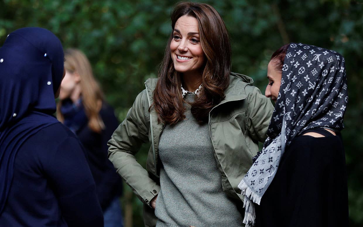 In her first official event after her third maternity leave, Duchess Kate rocked a forest-worthy outfit: a green jacket by Fj