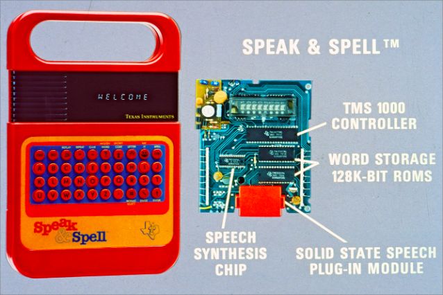 Speak and Spell internal circuit board showing TMS5100 chip and ROM modules vintage teardown