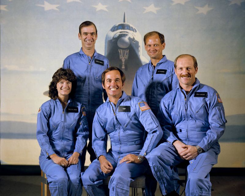 STS-7 crew portrait Sally Ride Robert Crippen Rick Hauck John Fabian Norman Thagard NASA