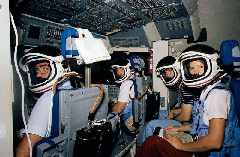 STS-7 crew Sally Ride training in Shuttle simulator 1983 NASA