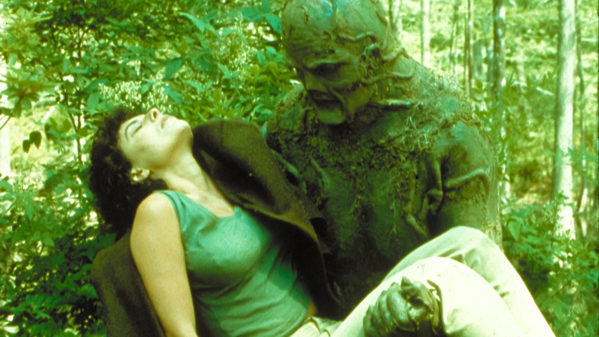 Swamp Thing 1982 movie still with Dick Durock and Adrienne Barbeau in the bayou