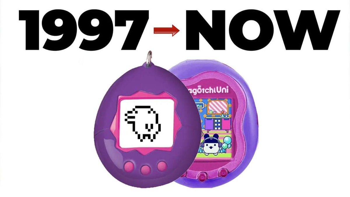 Tamagotchi 90s virtual pet: original 1997 model next to modern Tamagotchi Uni