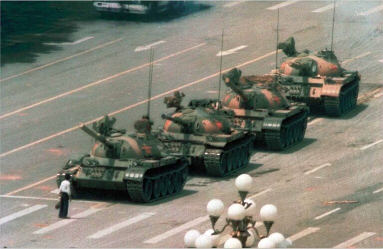 Tank Man stops a column of Type 59 tanks on Chang an Avenue near Tiananmen Square, June 5, 1989