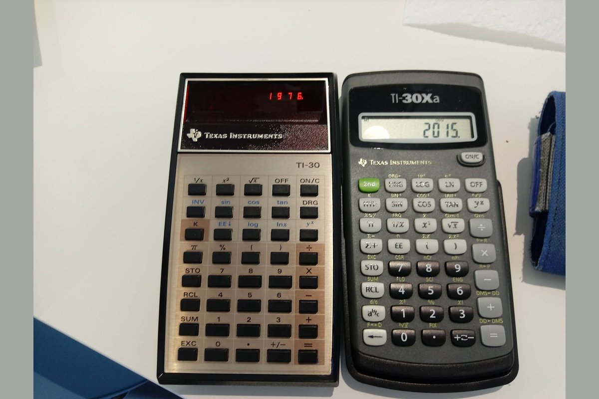 1976 Texas Instruments TI-30 calculator next to a modern TI-30 — forty years of pocket calculator evolution