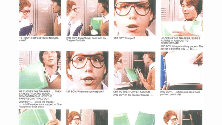 Mead Trapper Keeper 1978 TV commercial storyboard showing 80s kids at lockers with binders