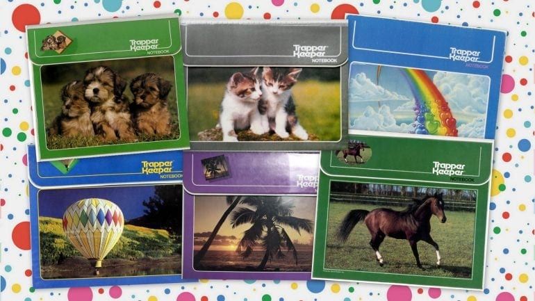 Vintage Trapper Keeper designs from the 80s including puppies kittens rainbow horse palms and hot air balloon