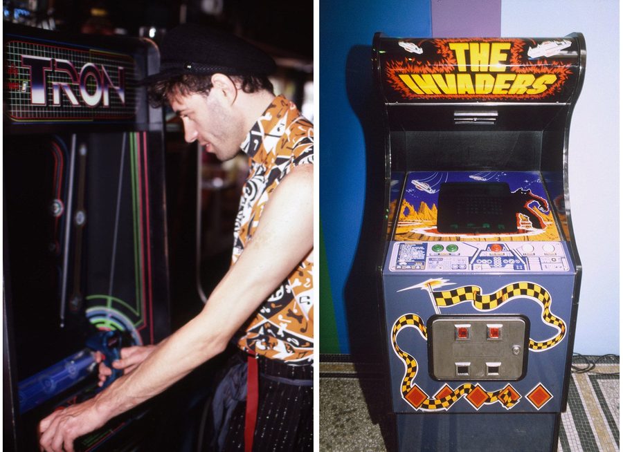 Tron arcade cabinet and Space Invaders machine from the early 1980s