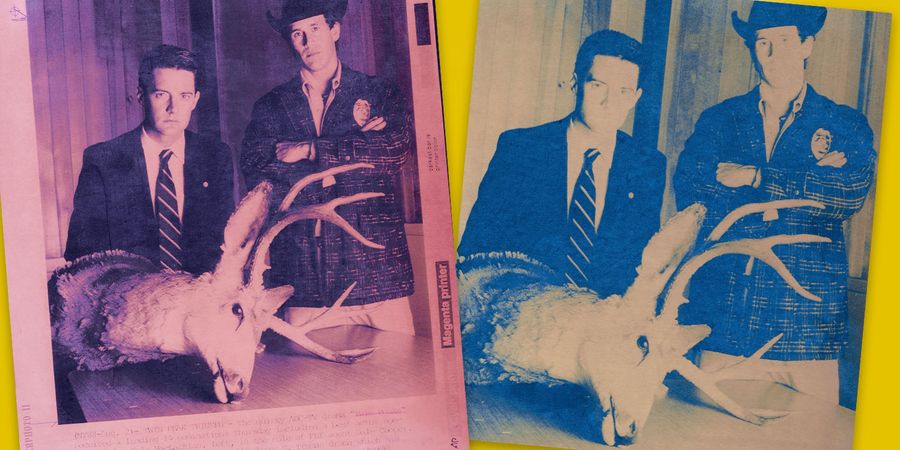 AP Laserphoto from August 1990 showing Kyle MacLachlan as Dale Cooper and Michael Ontkean as Sheriff Truman with a jackalope