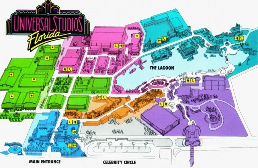 Universal Studios Florida opening day park map 1990 attractions layout