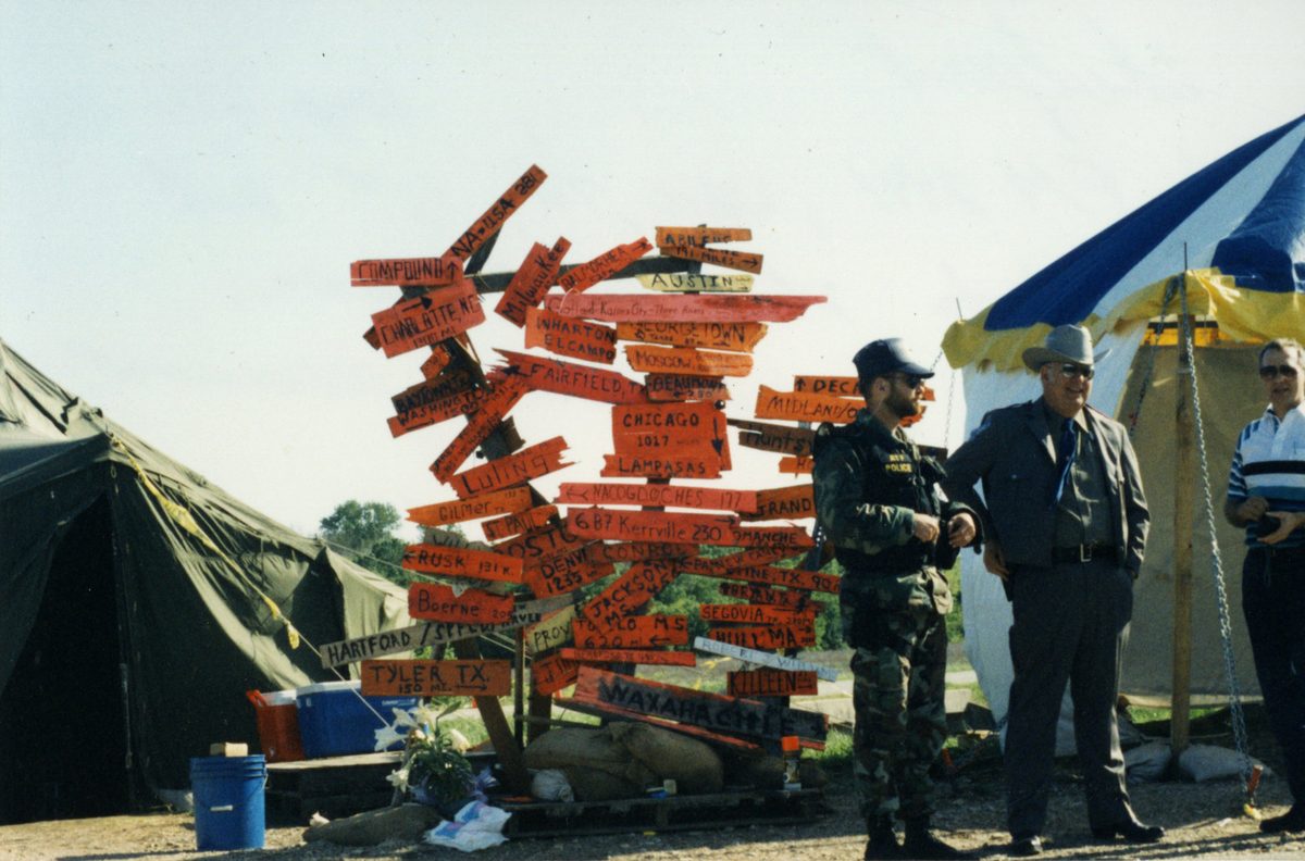Camp Boredom checkpoint sign at the Mount Carmel Center perimeter during the 1993 Waco siege